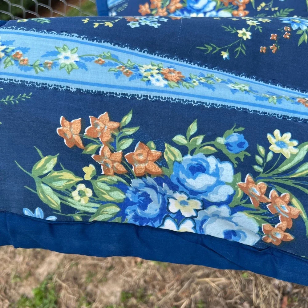 Vtg Handmade Quilt 78x82 Blue Floral Cottagecore Hand Stitched Cotton Full Queen